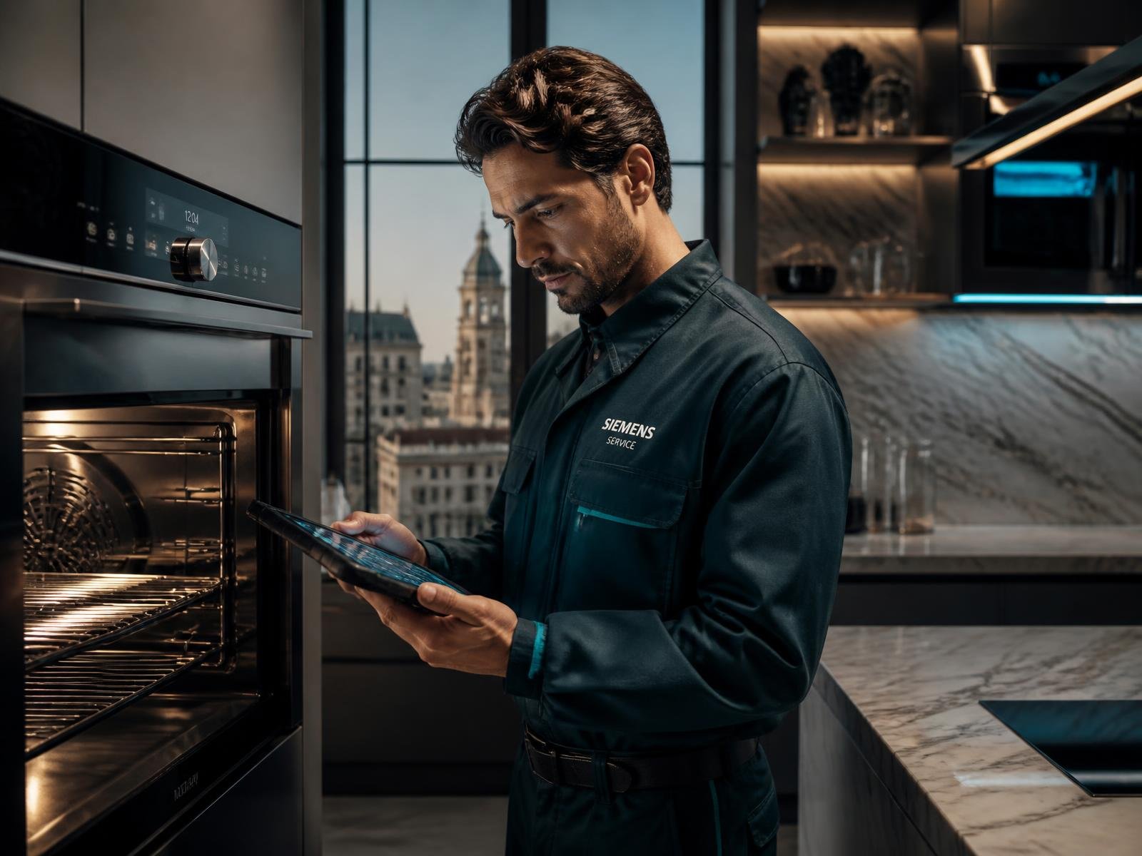 Técnico matriculado de ServicTecnic realizando un diagnóstico en una cocina de alta gama